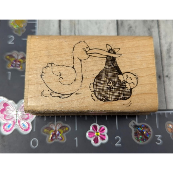 Dots Stork Carrying Baby‎ 1989 Delivery Rubber Stamp Wood #M18 - Picture 1 of 3